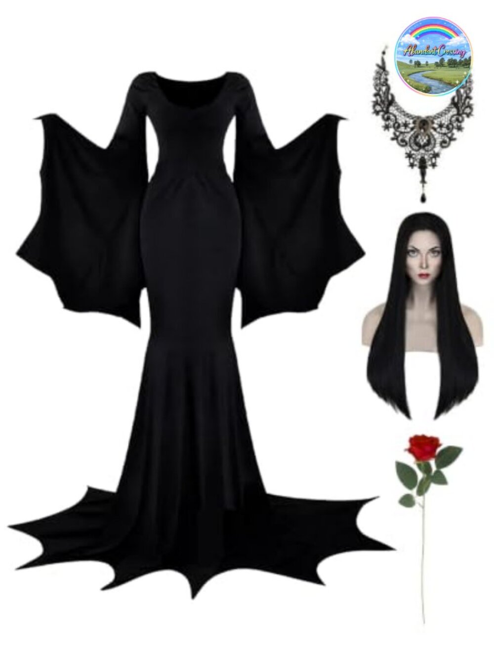 Morticia Addams Gothic Halloween Costume Dress Wig Necklace Women Cosplay